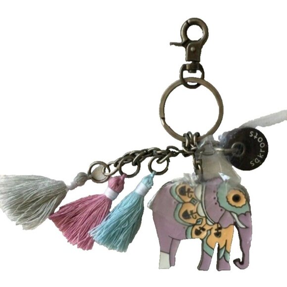 SAKROOTS Enamel Elephant Keychain Fob Purse Charm Purple Multi Tassels - Picture 1 of 3